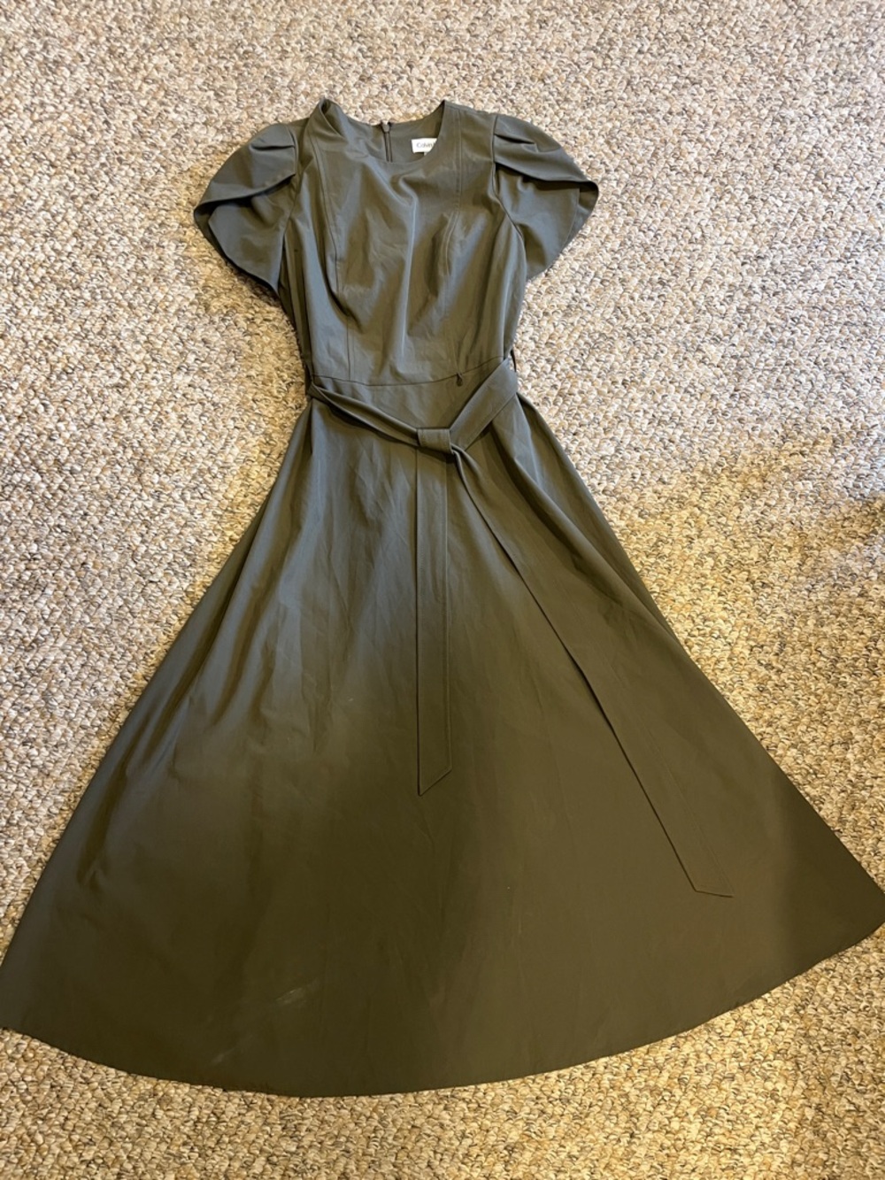 Calvin Klein Olive Green Midi Dress with Waist Tie